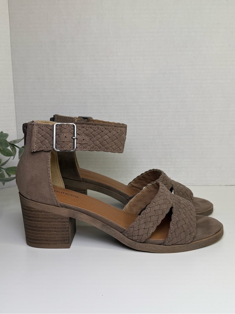 Hope Braided Ankle Strap Block Heel Sandals in Taupe Neutral Women's Size 10M